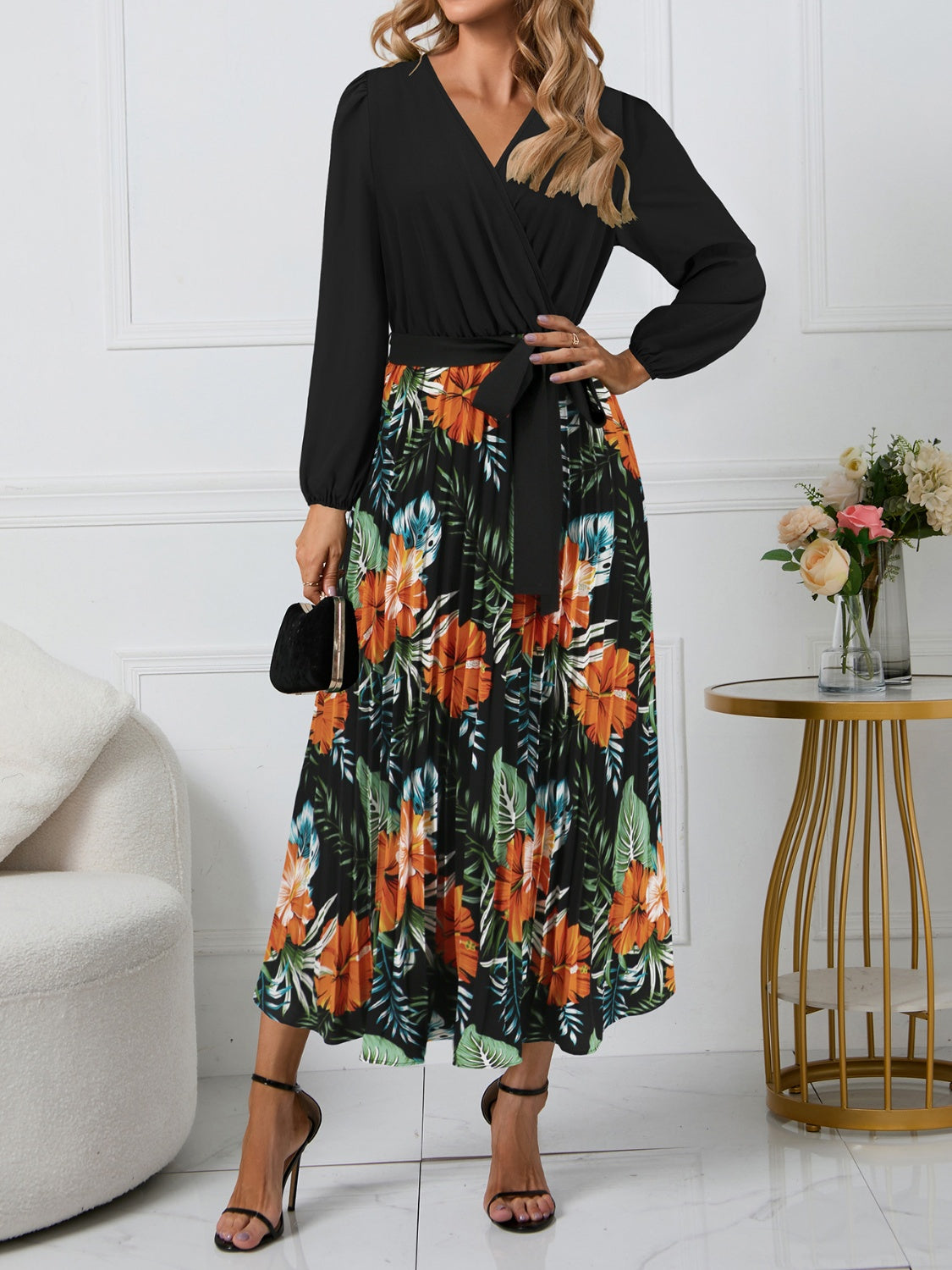 Pleated Printed Surplice Long Sleeve Dress   