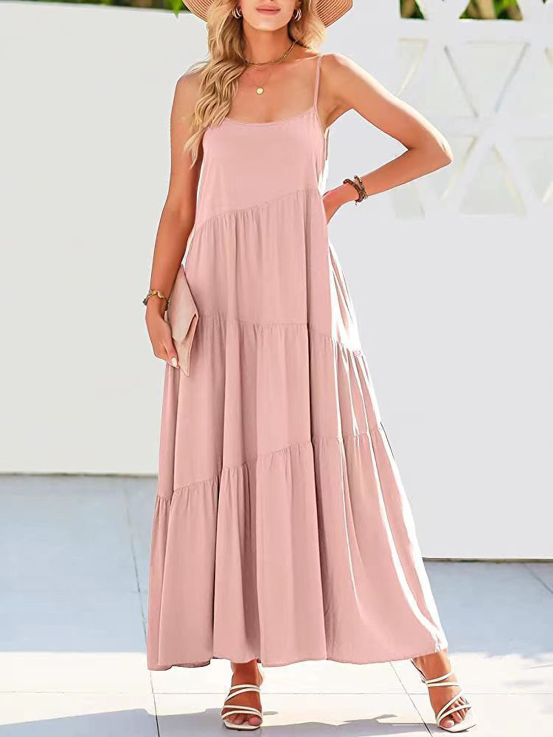 STUNNLY  Full Size Ruched Tiered Spaghetti Strap Dress Blush Pink S 