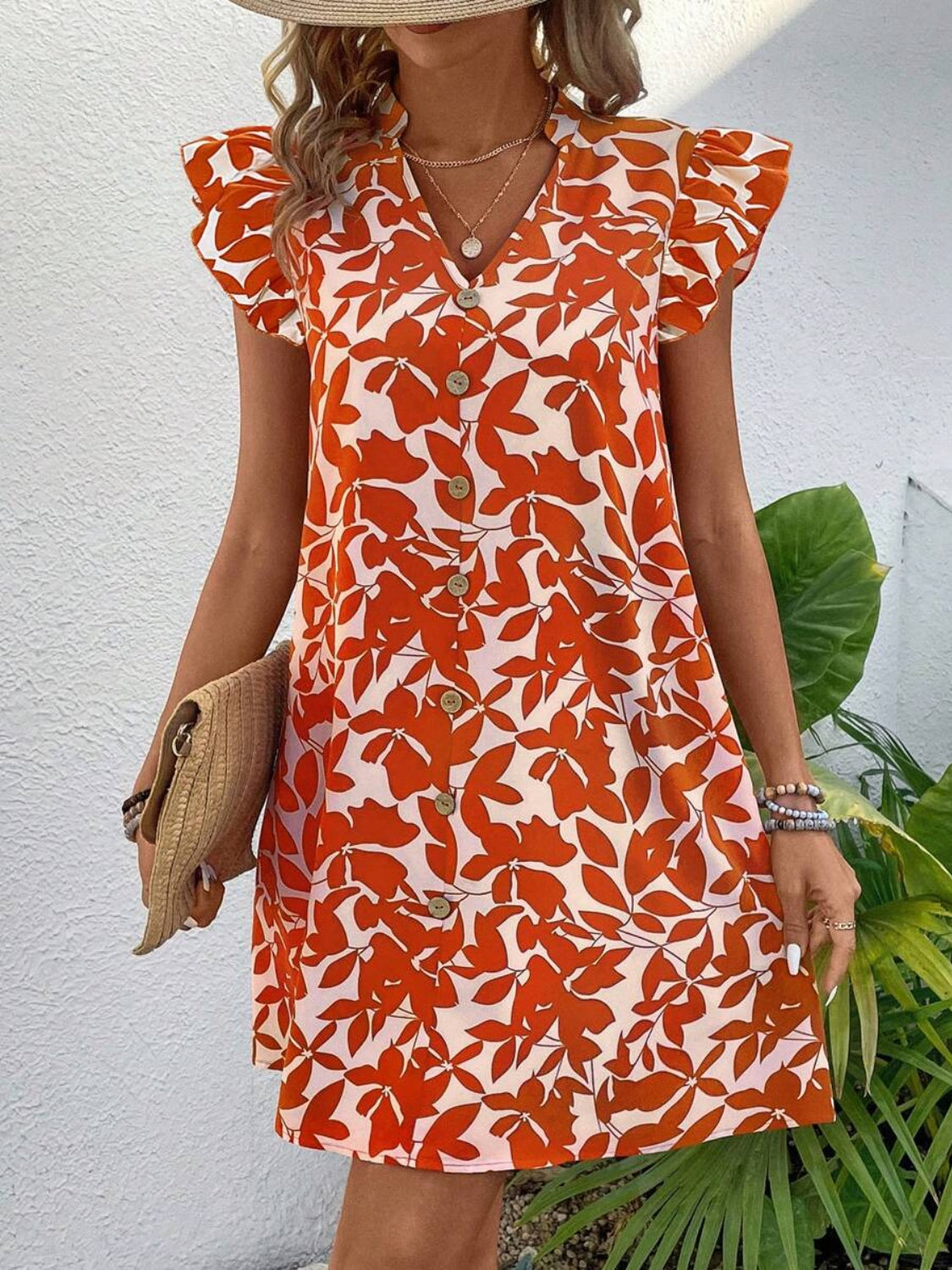 Printed Notched Cap Sleeve Mini Dress Orange-Red S 