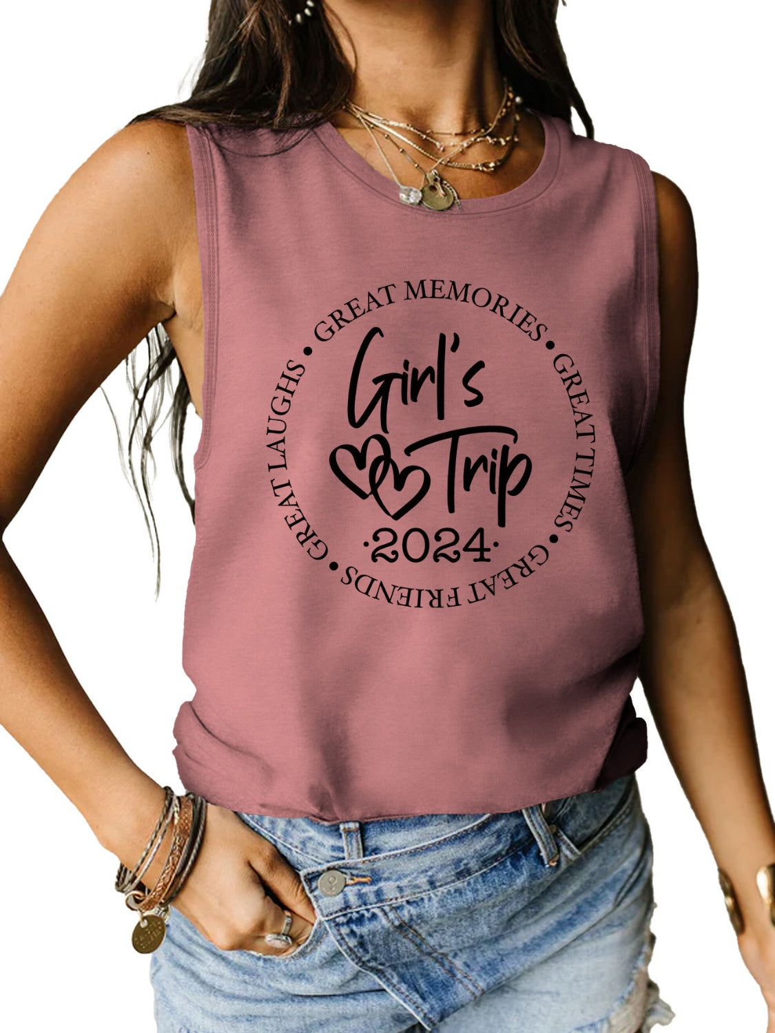 STUNNLY  Letter Graphic Round Neck Tank Light Mauve S 