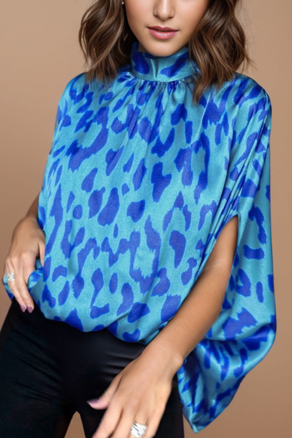 STUNNLY  Printed Turtleneck Half Sleeve Blouse Ultra marine S 