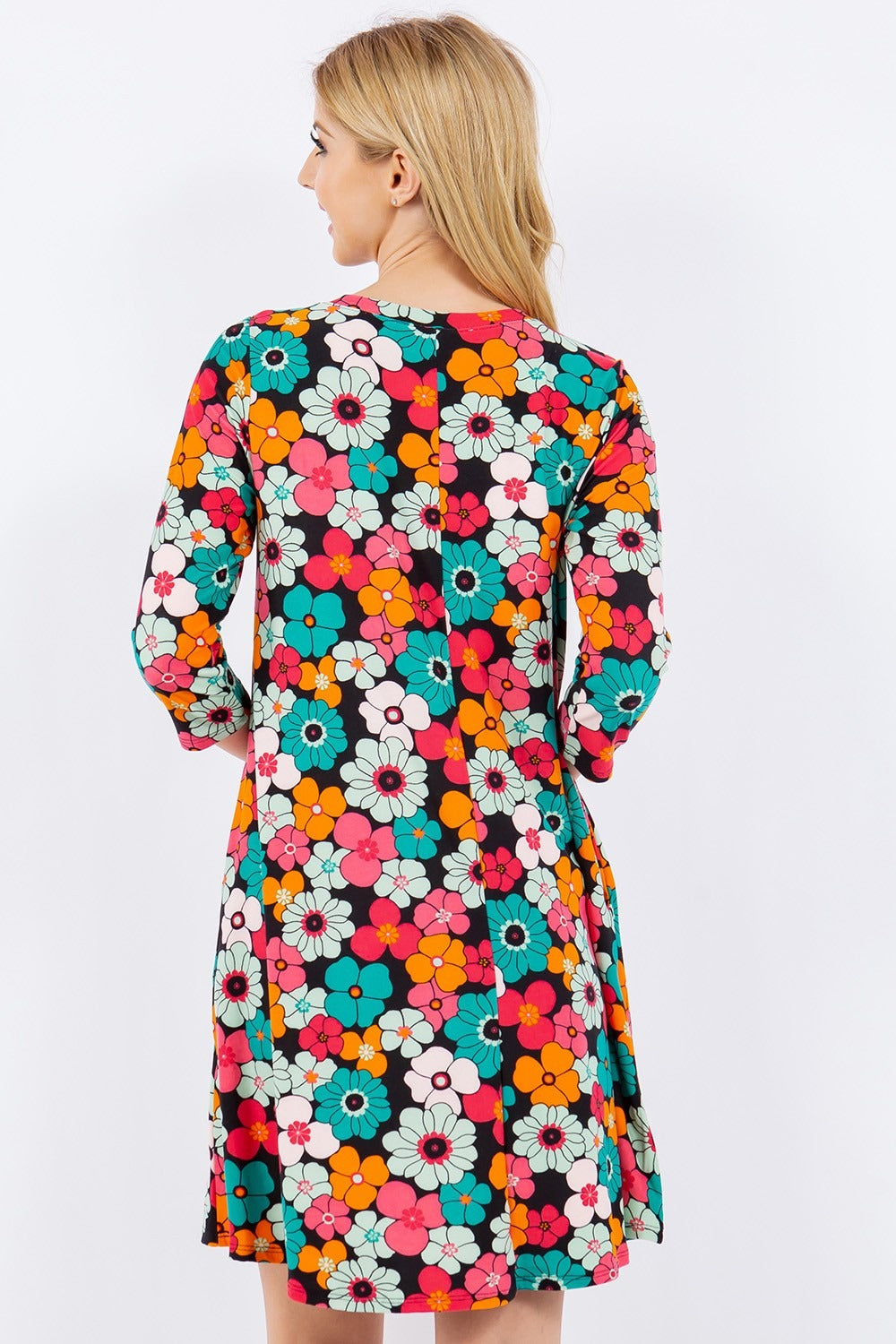 Celeste Full Size Floral Three-Quarter Sleeve Dress with Pockets   