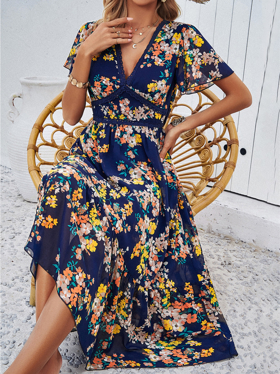 Printed V-Neck Flutter Sleeve Midi Dress   