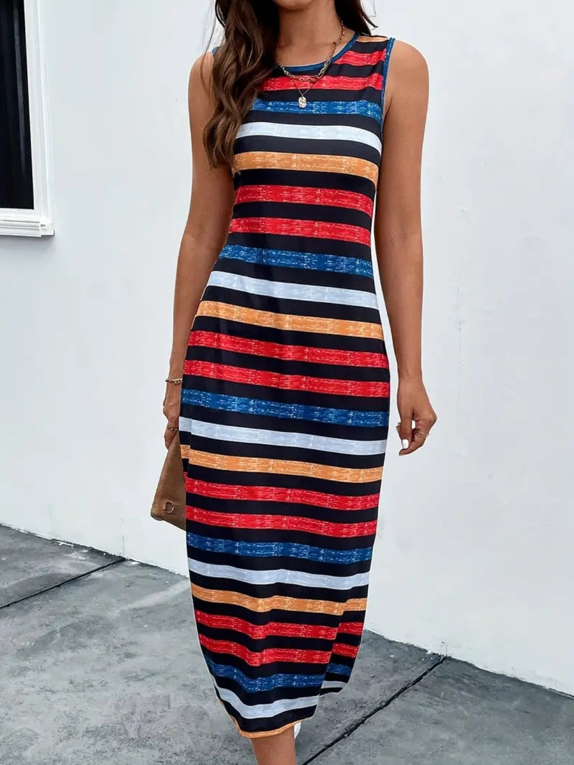 STUNNLY  Slit Striped Round Neck Tank Dress   