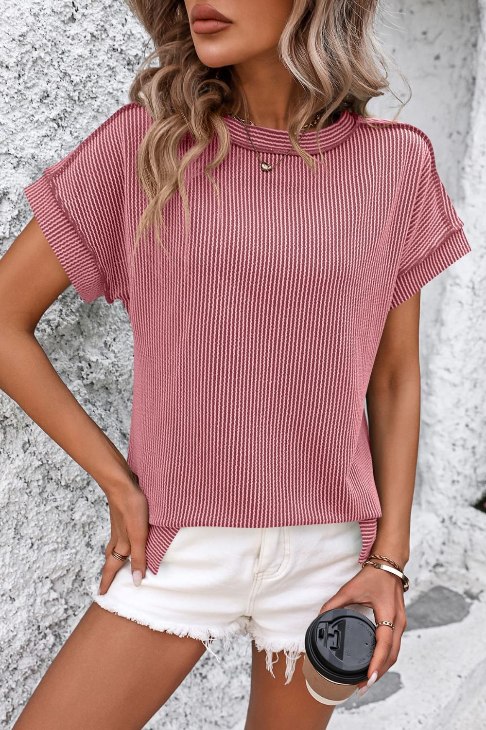 STUNNLY  Striped Round Neck Short Sleeve T-Shirt Deep Rose S 