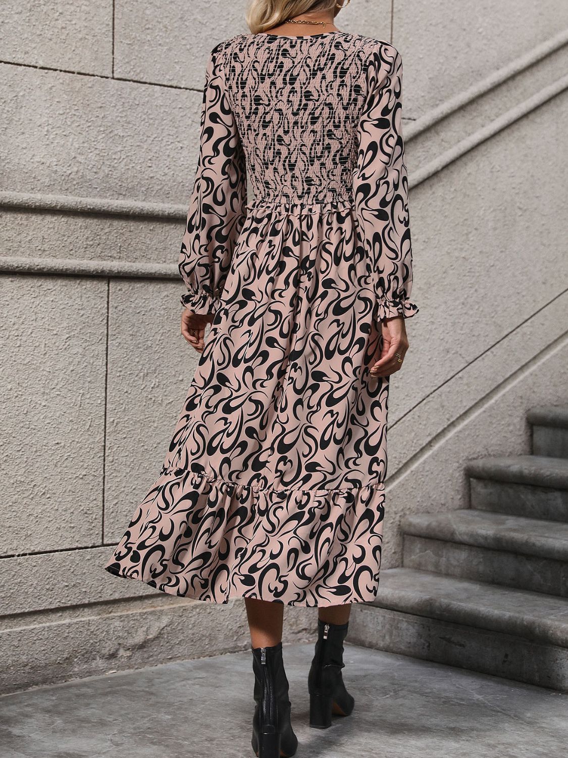 Printed V-Neck Long Sleeve Midi Dress   