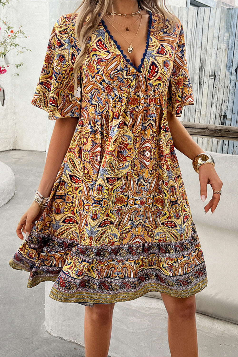 STUNNLY  Printed V-Neck Half Sleeve Mini Dress   