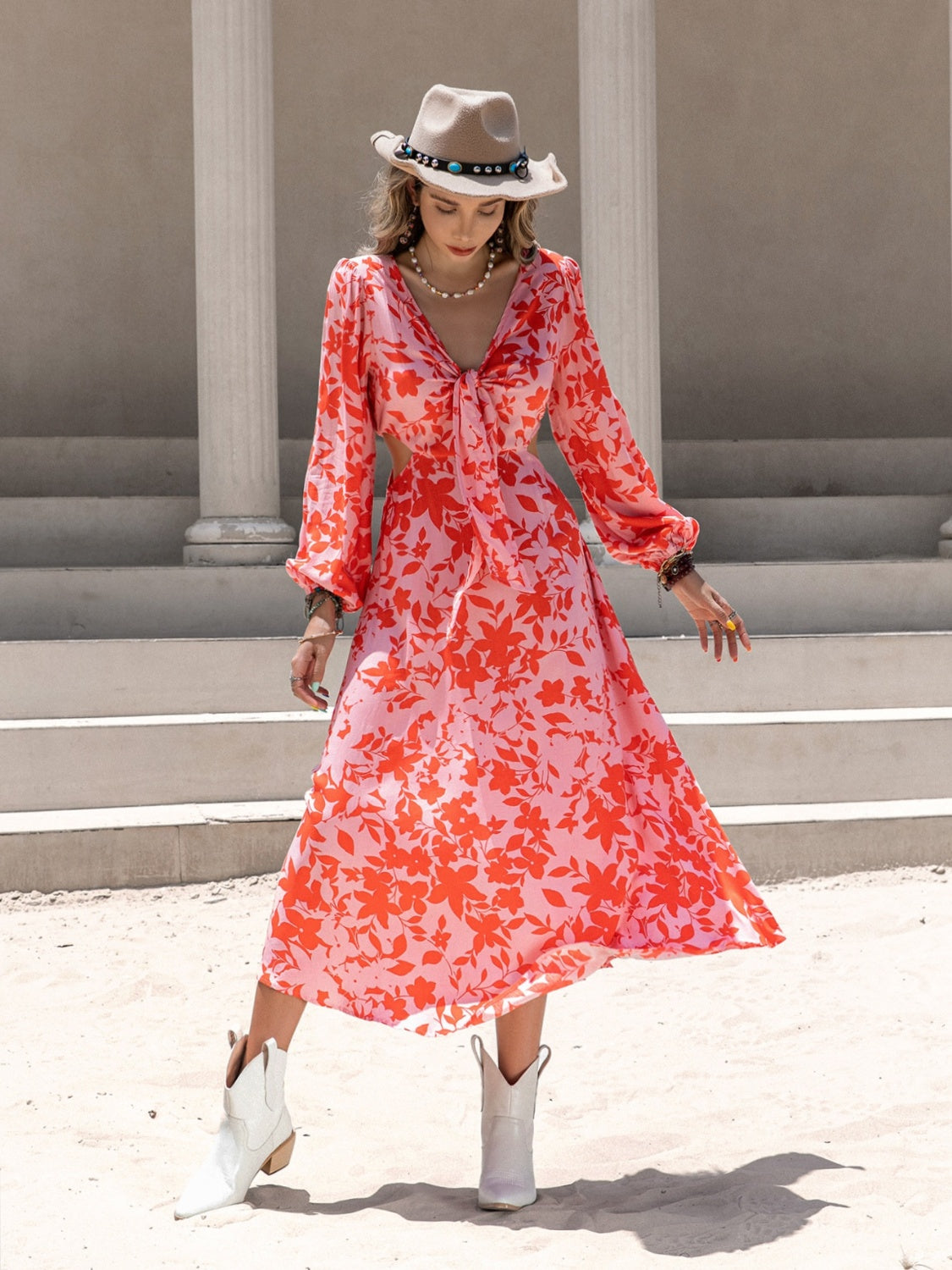 Tied Cutout Printed Long Sleeve Midi Dress   