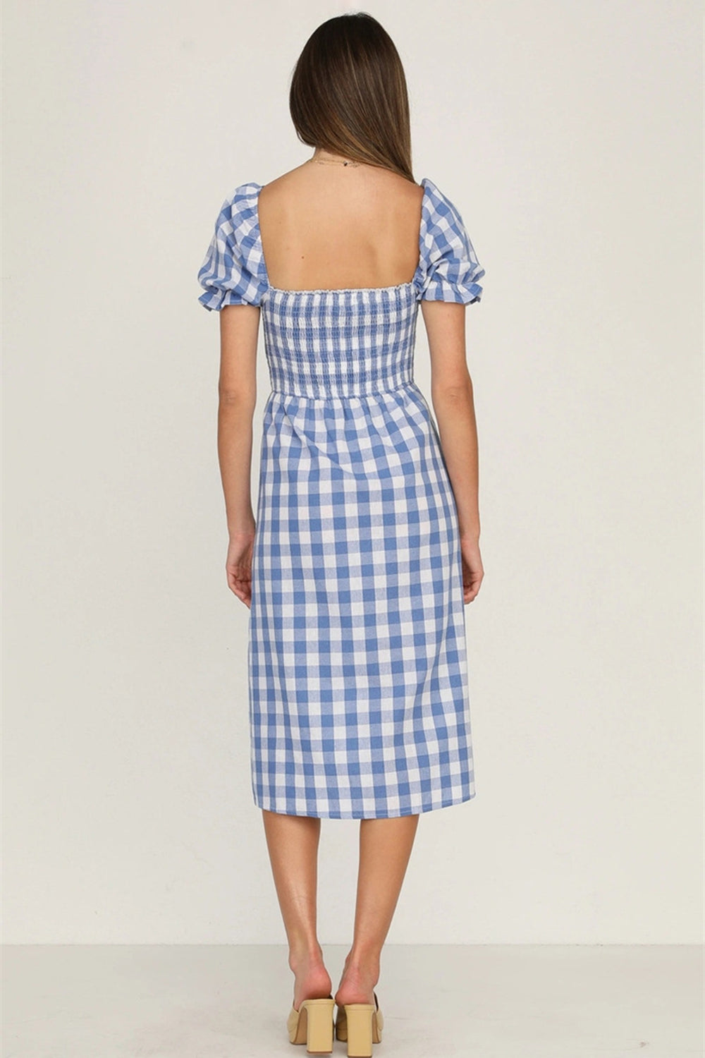 Full Size Slit Plaid Short Sleeve Midi Dress   