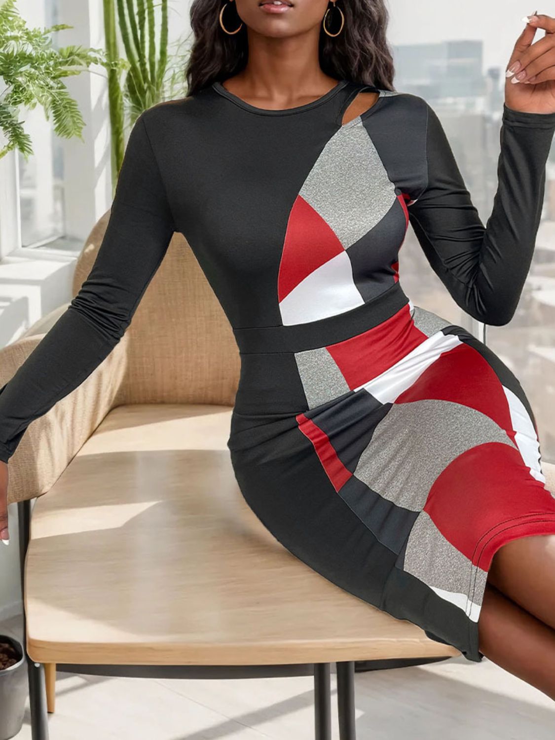 Cutout Color Block Round Neck Long Sleeve Dress   