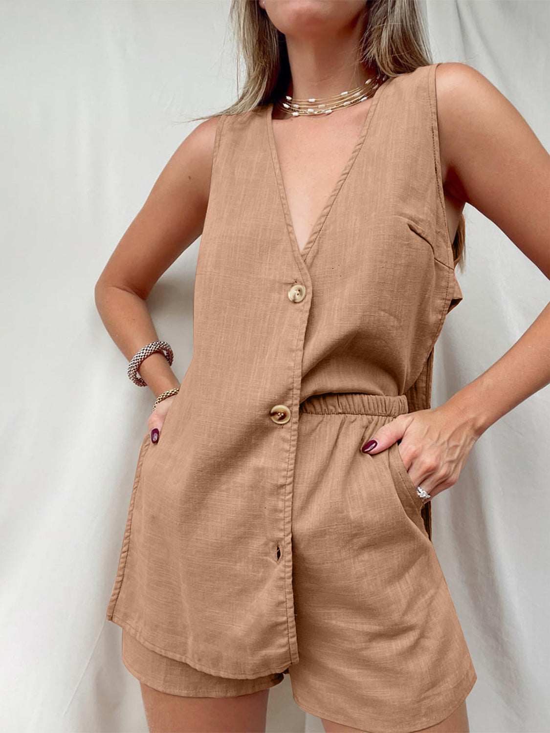 STUNNLY  Full Size Button Up Top and Shorts Set Camel S 