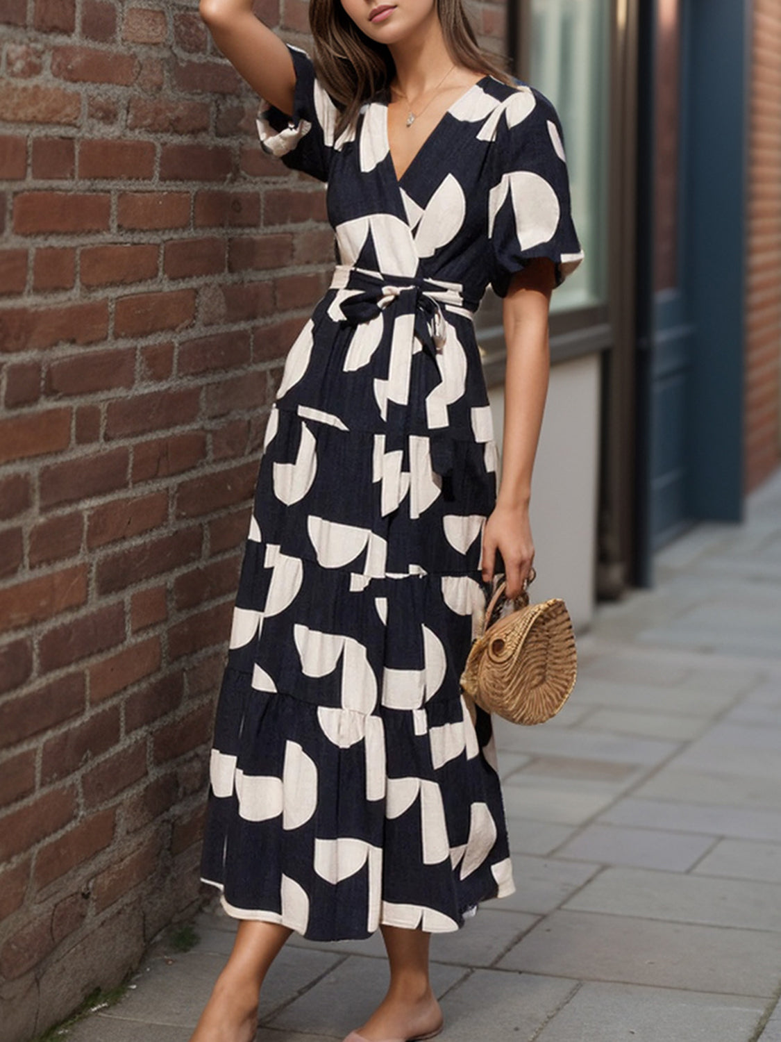 Tied Slit Printed Half Sleeve Midi Dress   