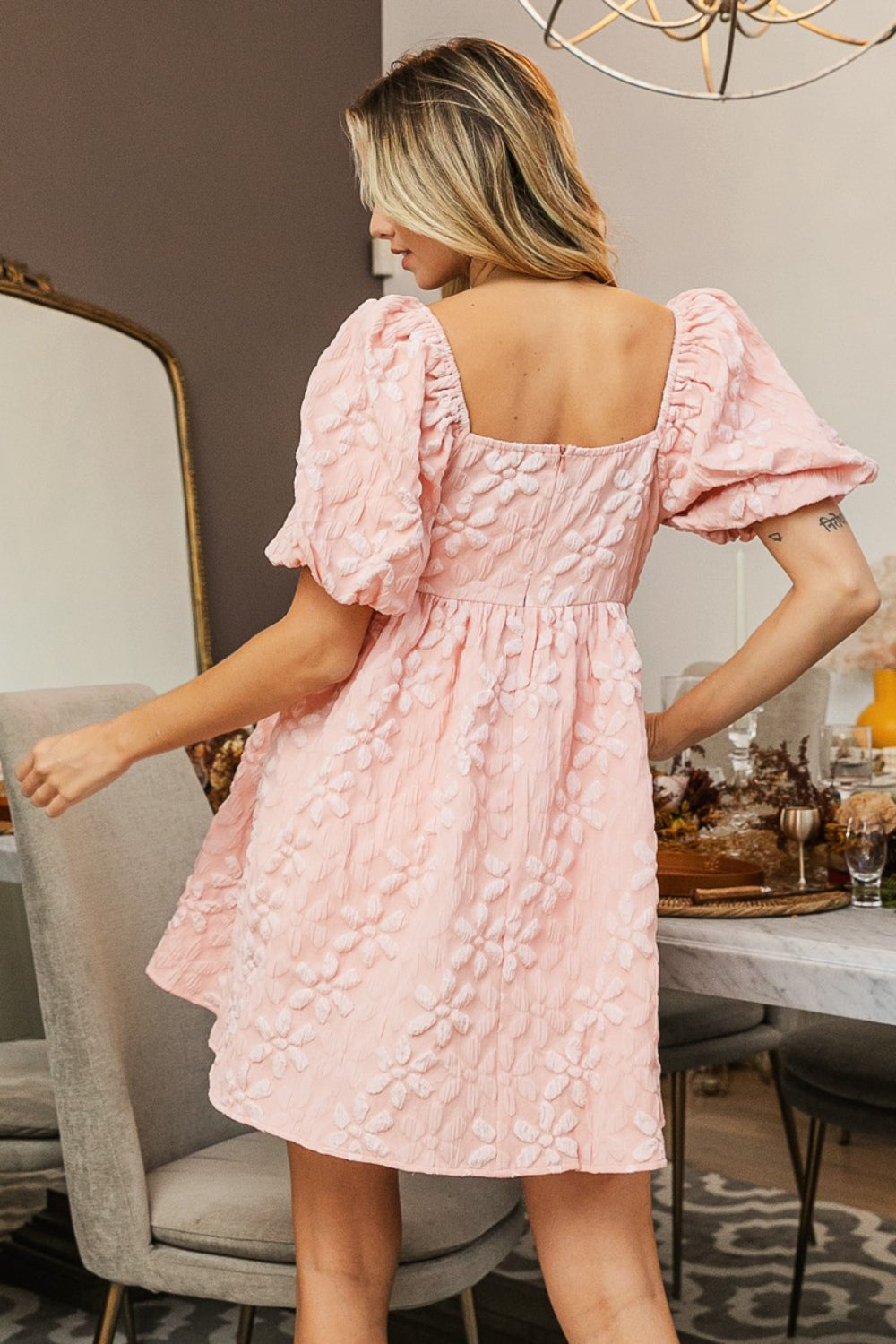 BiBi Flower Square Neck Puff Sleeve Dress   