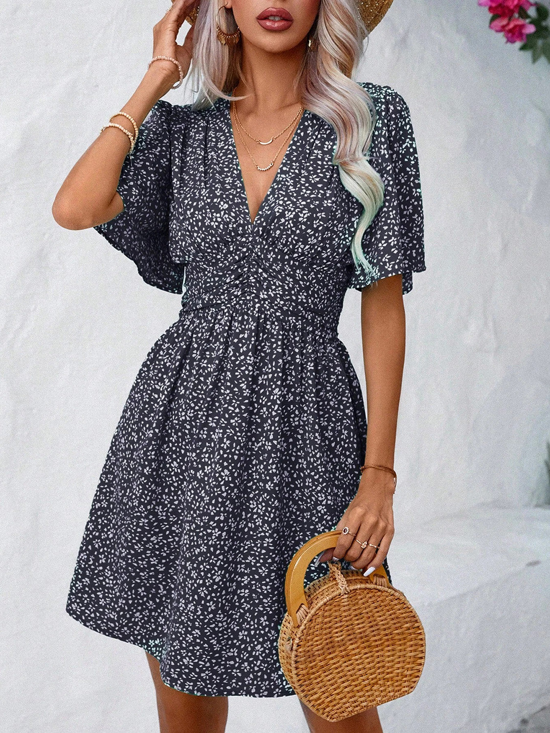 Printed V-Neck Half Sleeve Mini Dress Black S 