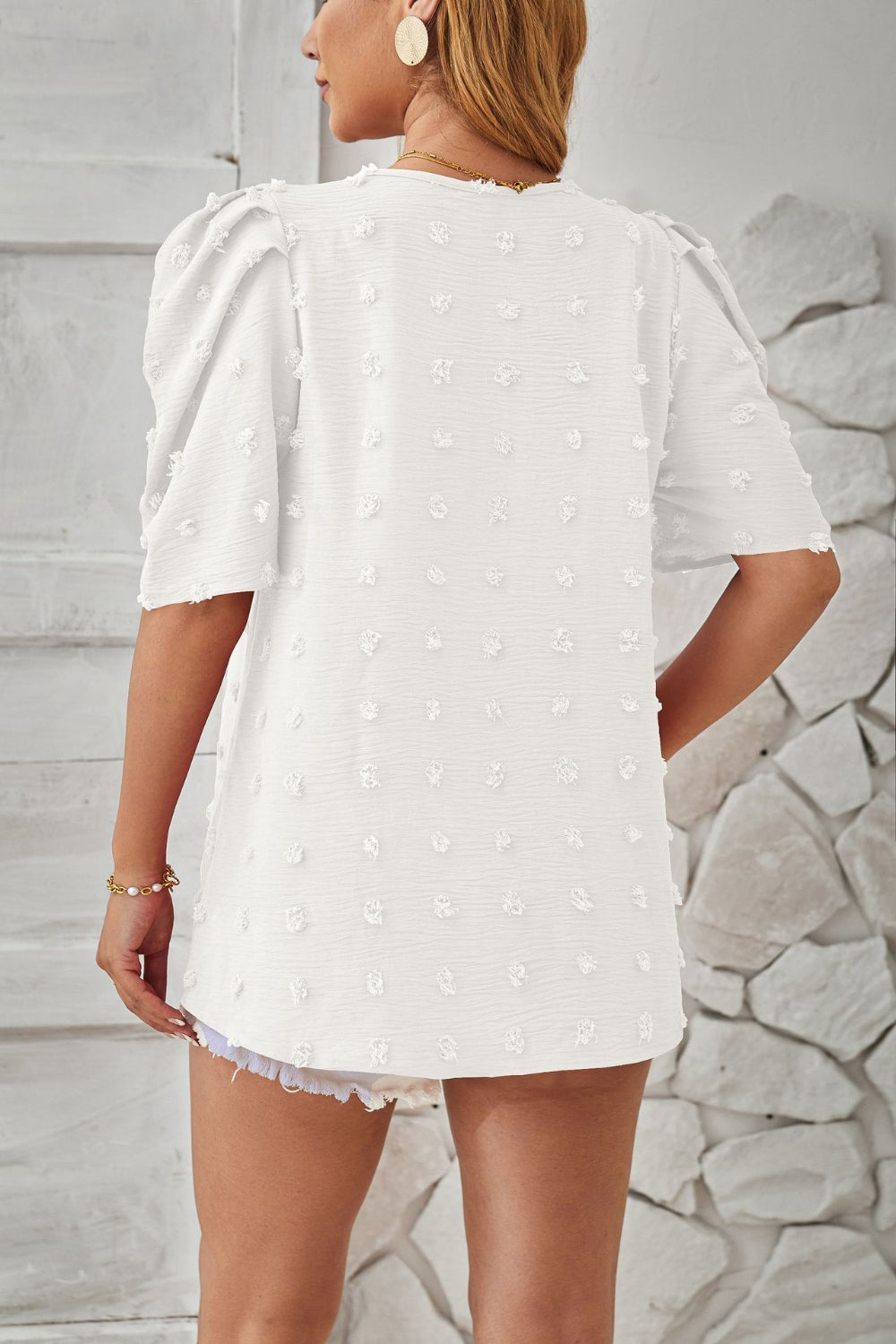 Swiss Dot Round Neck Short Sleeve Blouse   