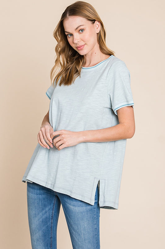 Cotton Bleu by Nu Lab Contrast Trim Short Sleeve Slit T-Shirt Seafoam S 