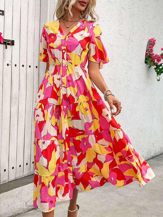 Printed V-Neck Flutter Sleeve Midi Dress Multicolor S 