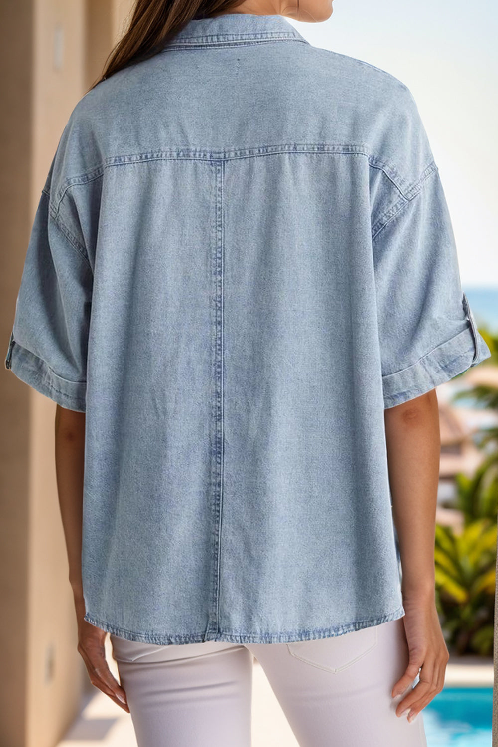 Pocketed Button Up Half Sleeve Denim Shirt   