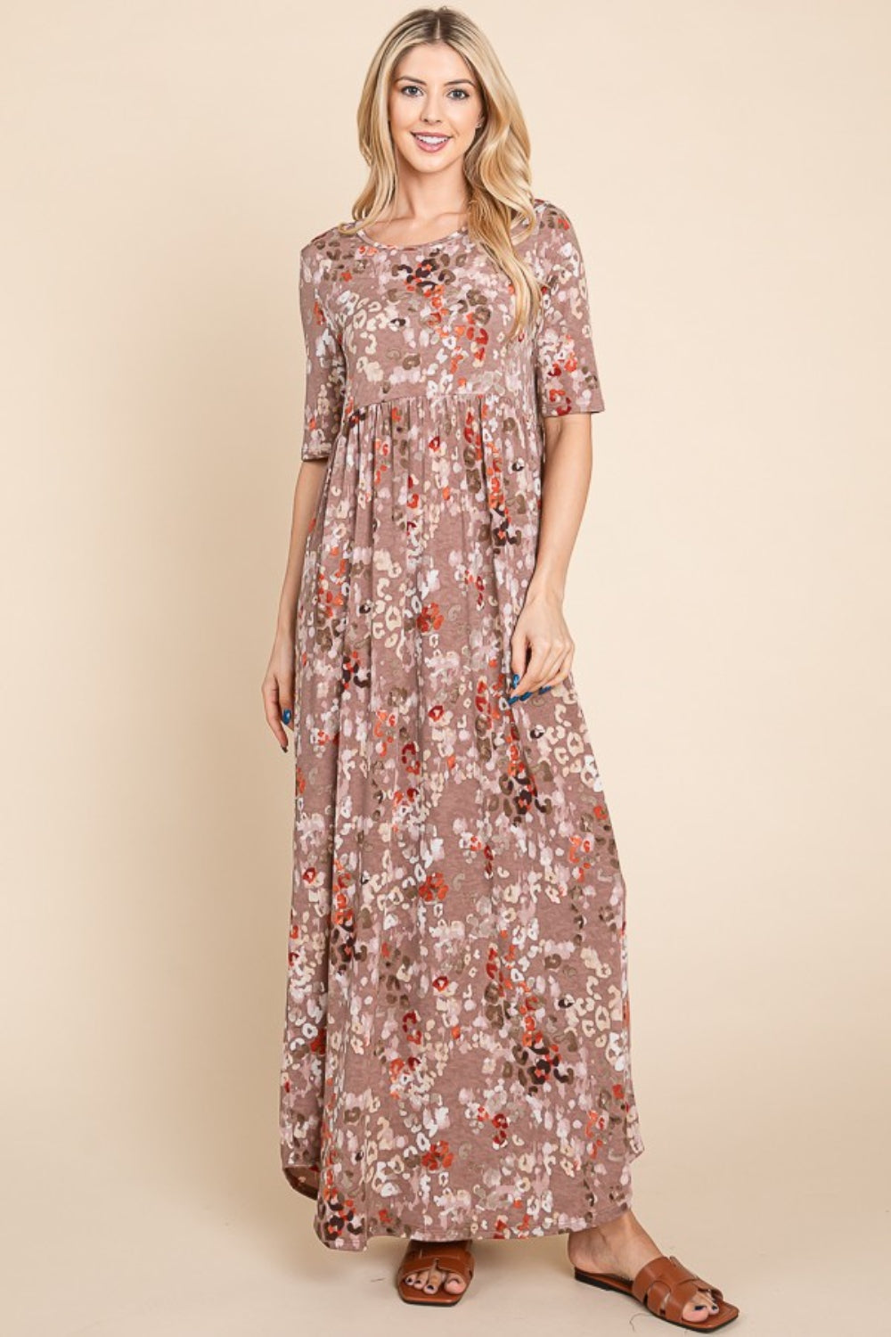 BOMBOM Printed Shirred Maxi Dress   