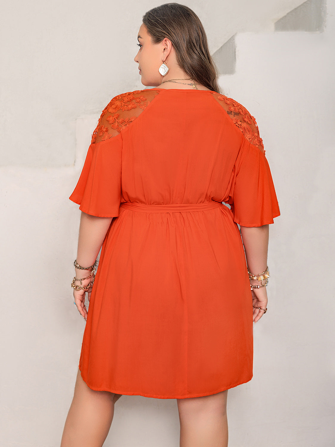 Plus Size Lace Button Up Half Sleeve Dress   