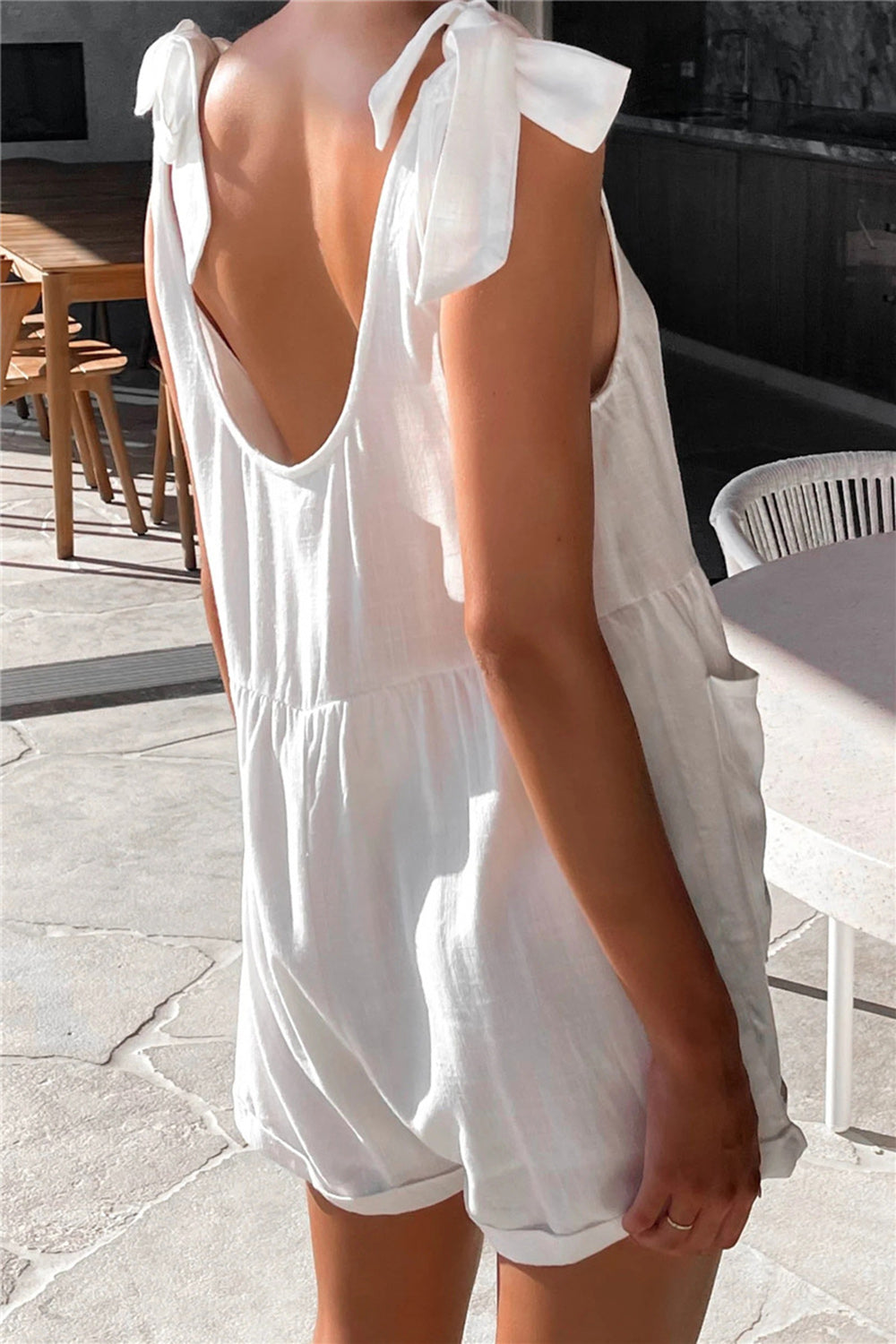 STUNNLY  Full Size Scoop Neck Tie Shoulder Romper   