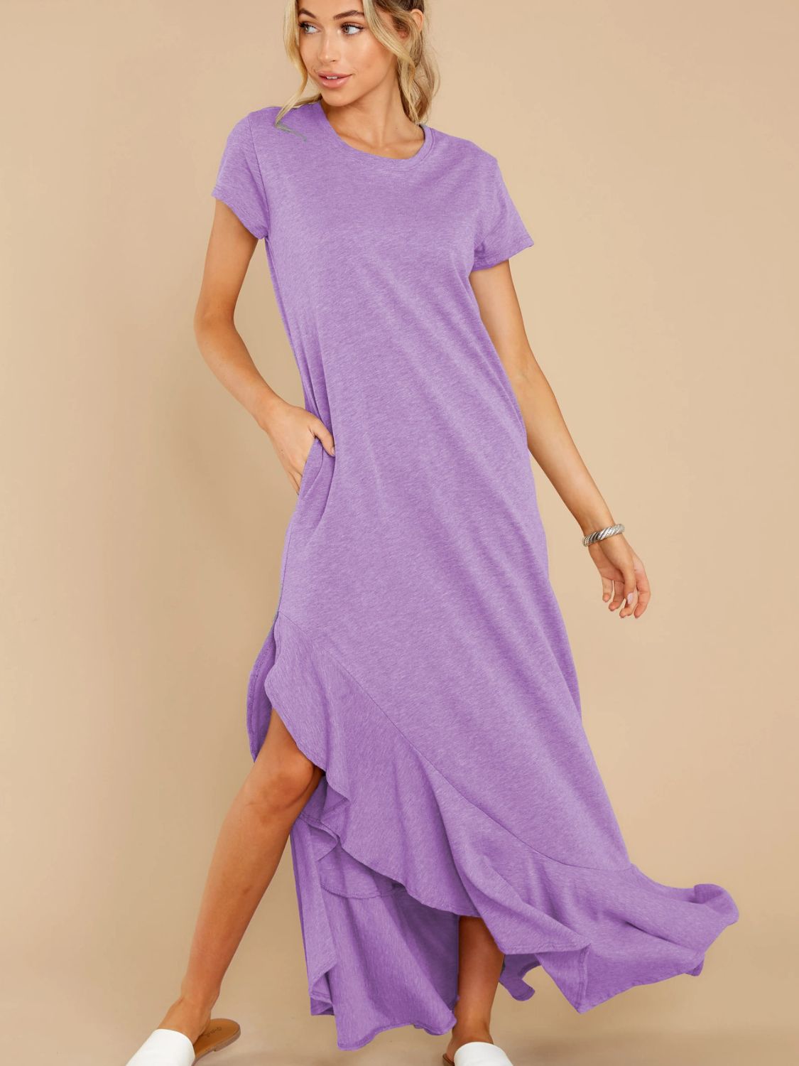 Slit Round Neck Short Sleeve Maxi Dress Lavender S 