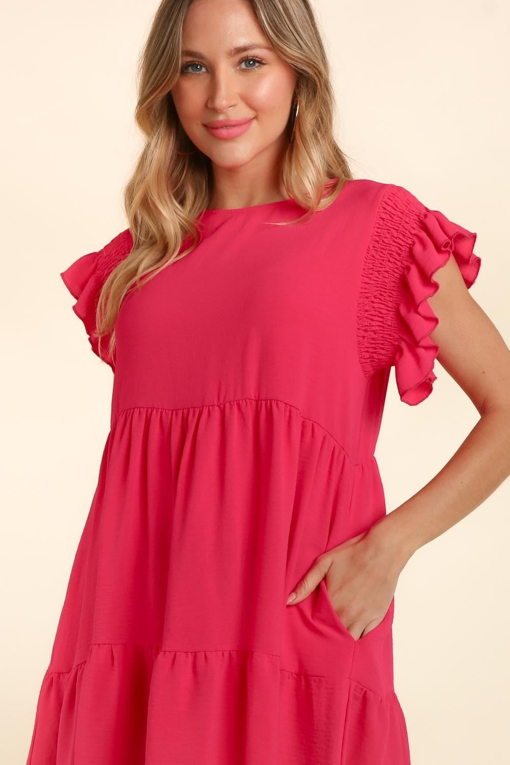 Haptics Full Size Smocking Ruffle Short Sleeve Dress with Pockets   