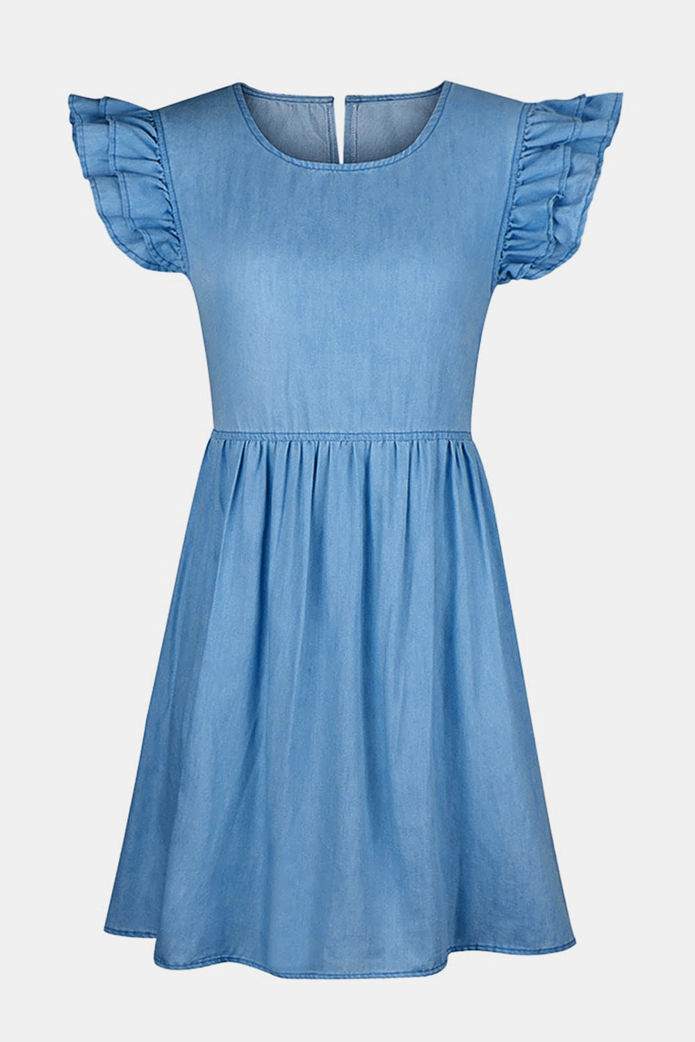 STUNNLY  Full Size Ruffled Round Neck Cap Sleeve Denim Dress   