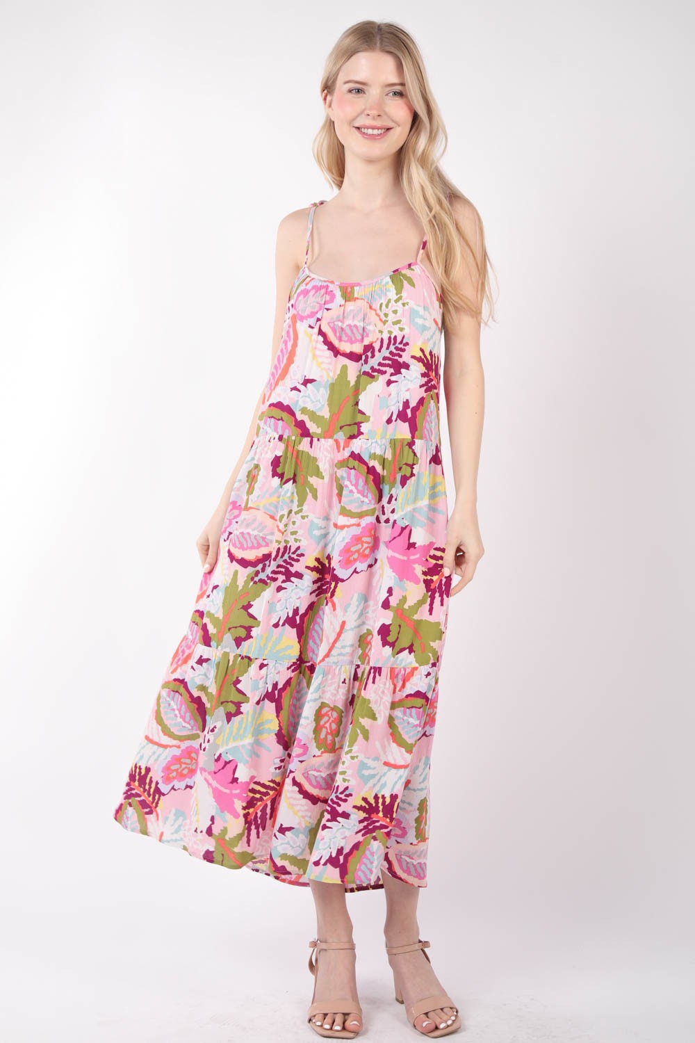 STUNNLY  VERY J Tropical Printed Cami Midi Dress Pink Mix S 