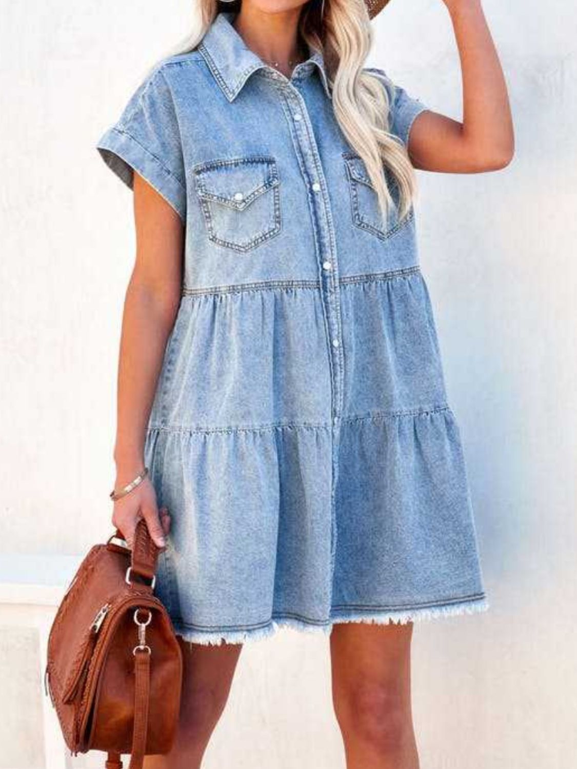 Raw Hem Short Sleeve Denim Dress Light Blue S 