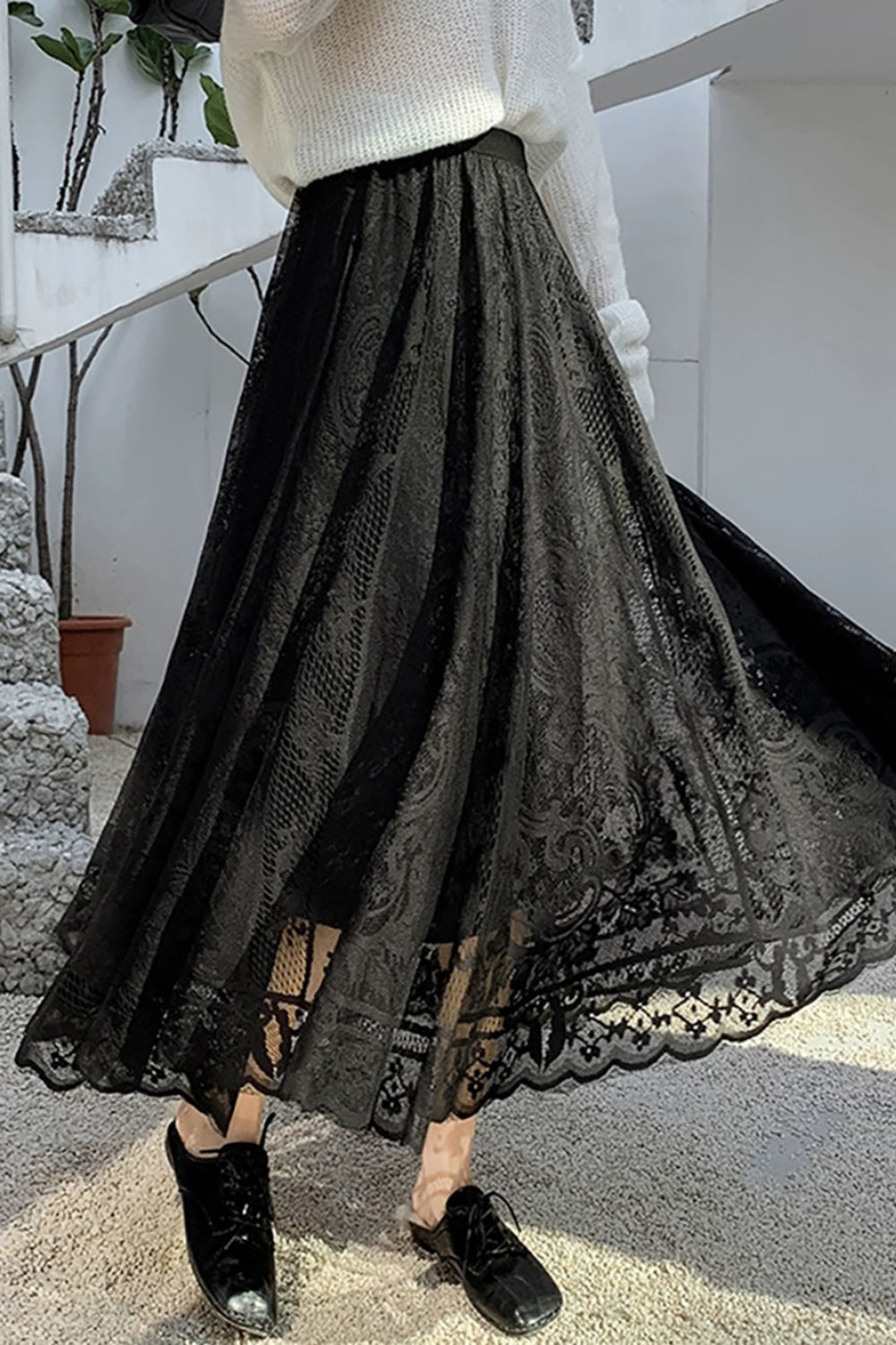 Lace High Waist Midi Skirt   