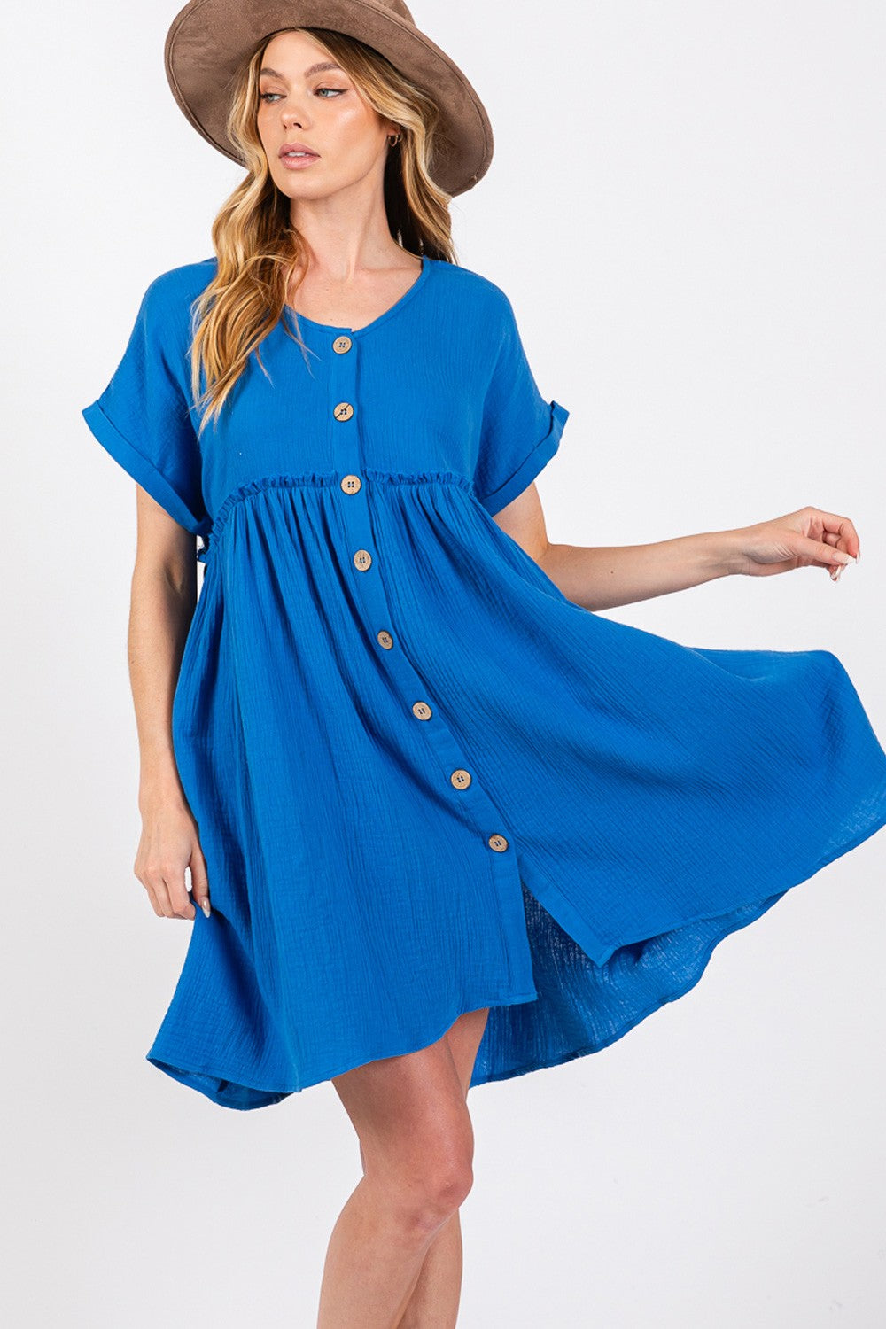 SAGE + FIG Button Up short Sleeve Dress Blue S 