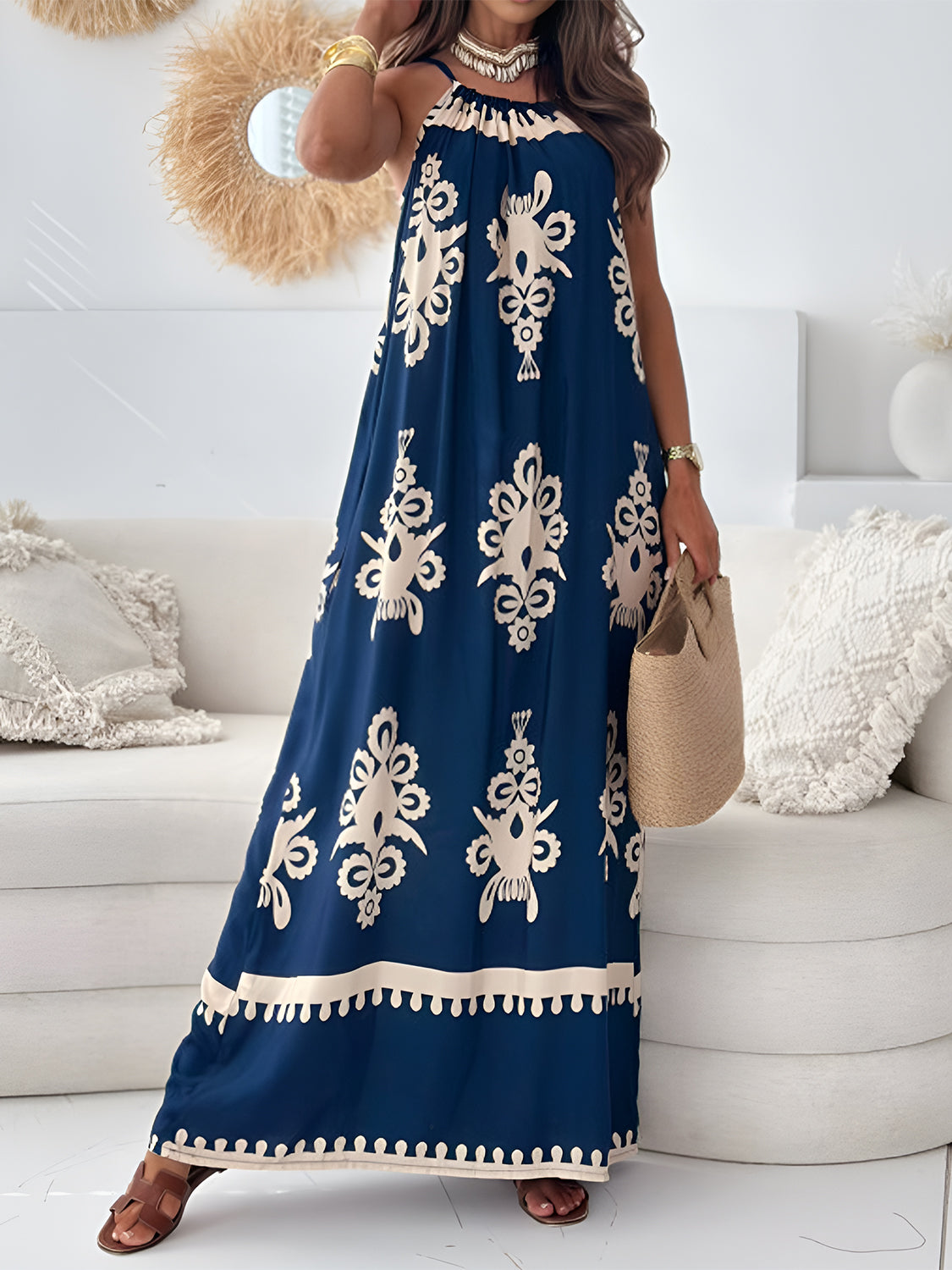 Printed Spaghetti Strap Sleeveless Maxi Dress Navy S 