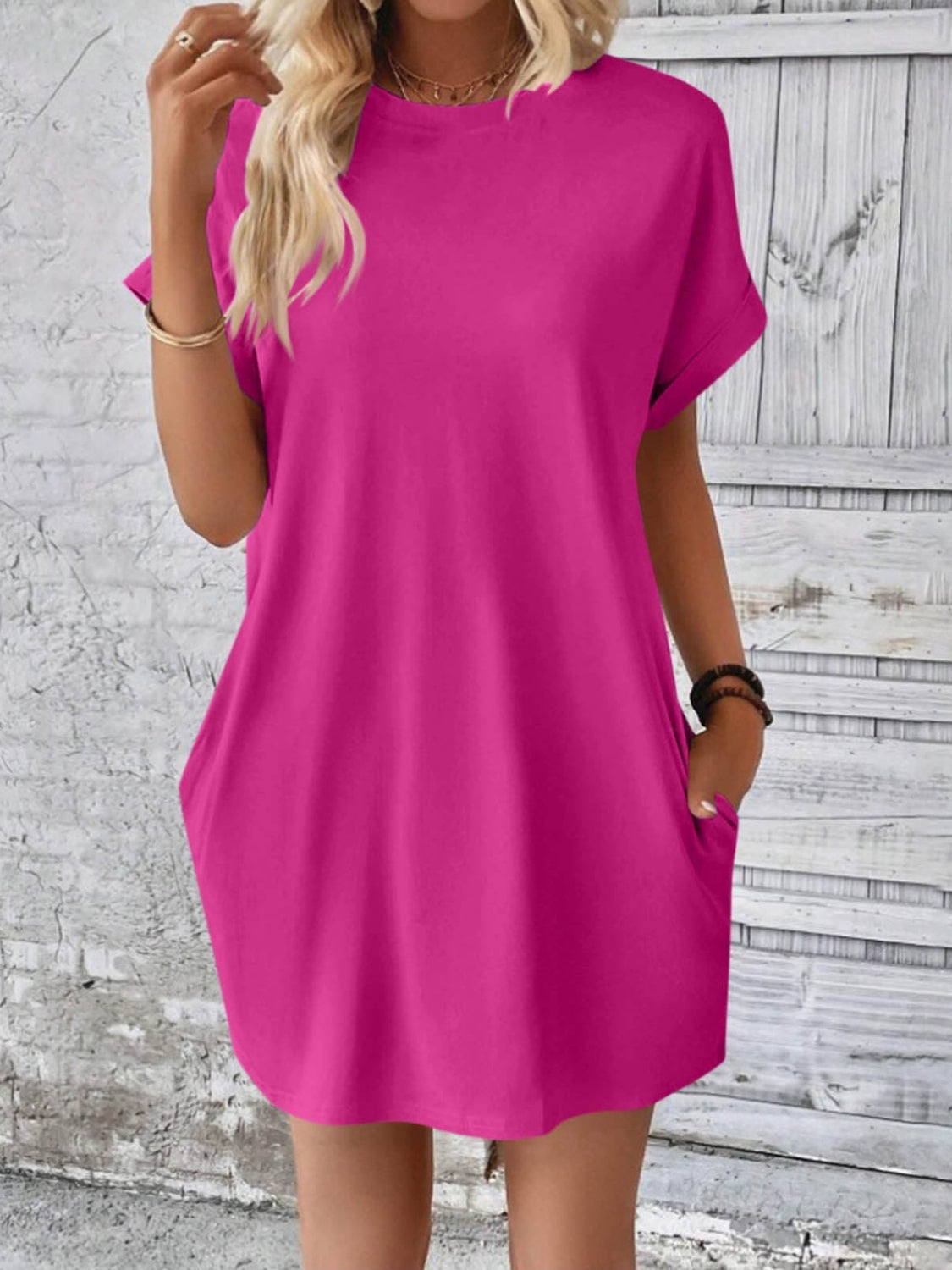 Round Neck Short Sleeve Mini Dress   