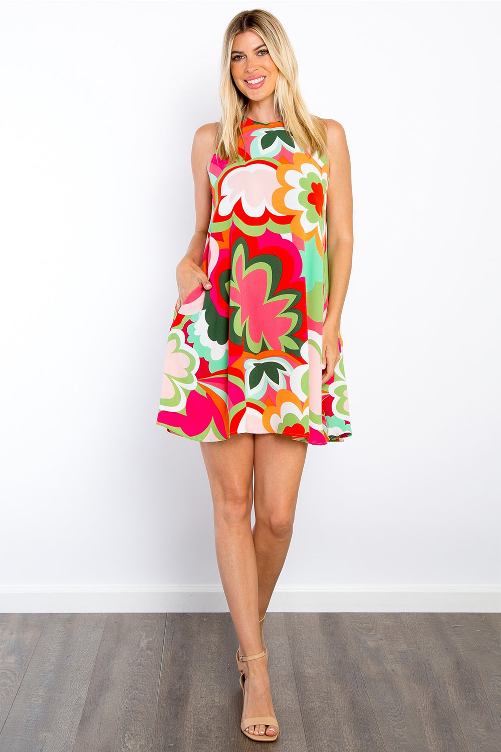Be Stage Full Size Floral Sleeveless Mini Dress with Pockets Coral S 