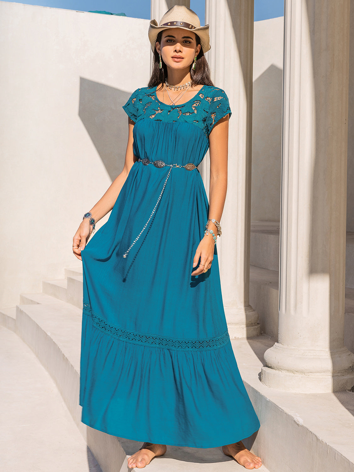 Round Neck Short Sleeve Maxi Dress Sky Blue S 