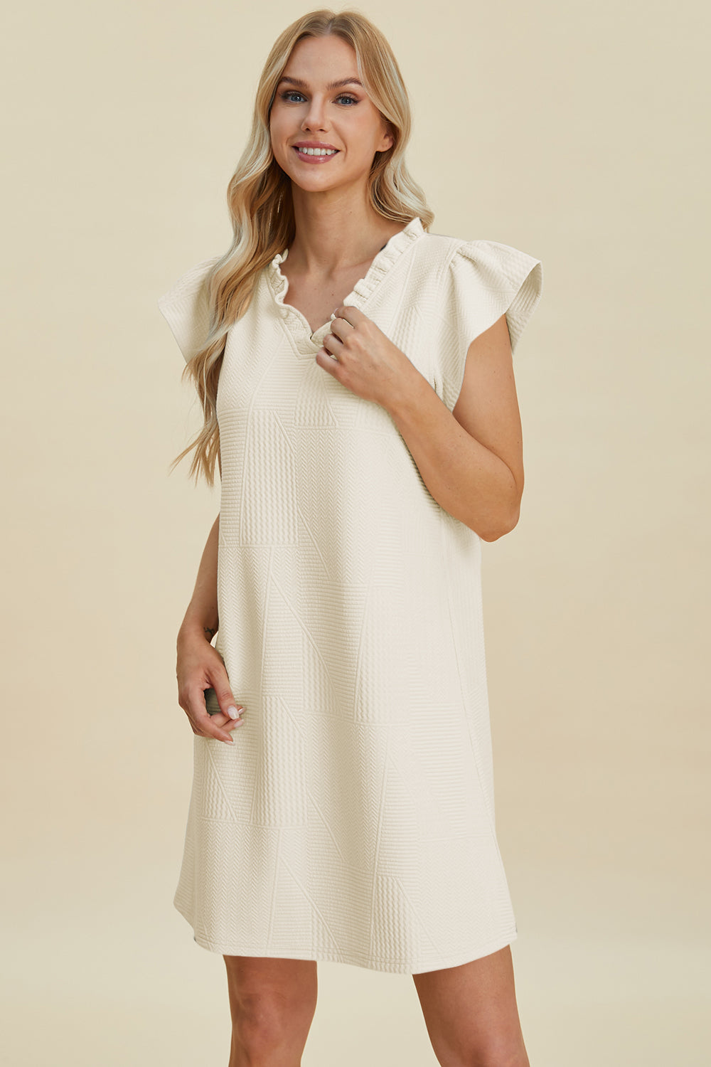 Double Take Full Size Ruffled V-Neck Cap Sleeve Dress Cream S 