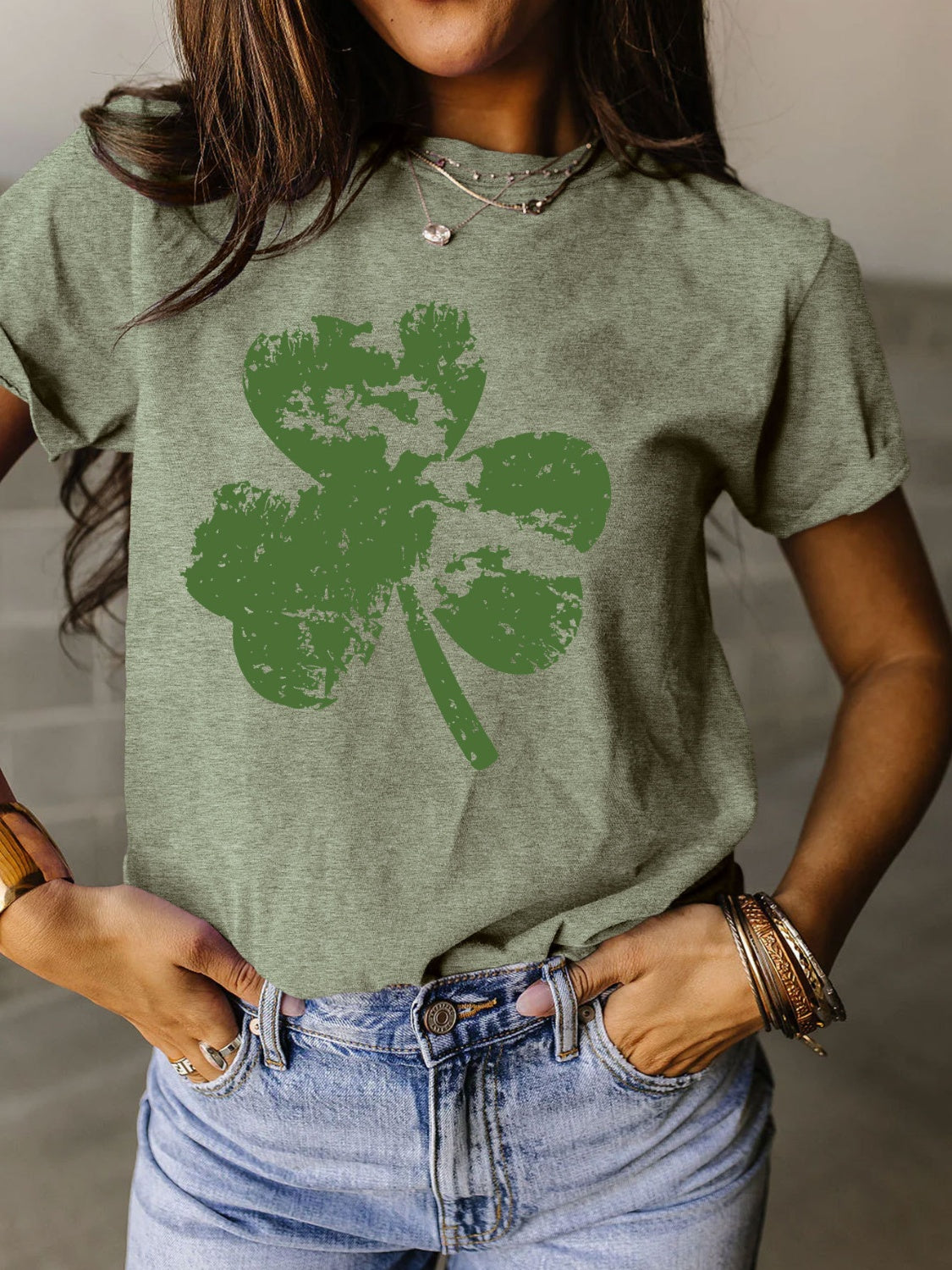 STUNNLY  Full Size Lucky Clover Round Neck Short Sleeve T-Shirt Sage S 