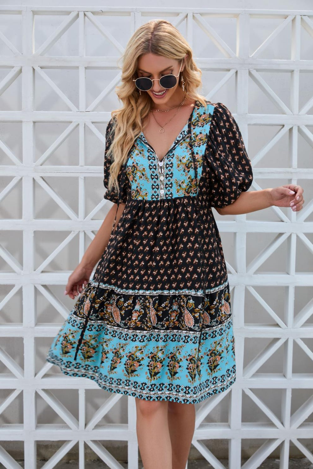 Printed Tie Neck Half Sleeve Dress Black S 