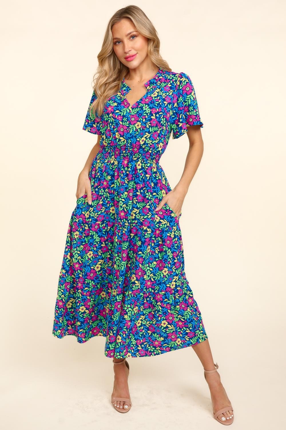 Haptics Printed Notched Short Sleeve Dress with Pockets Navy S 