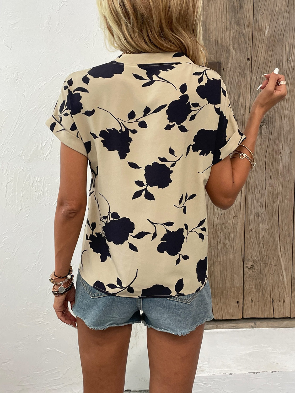 STUNNLY  Floral Notched Short Sleeve Blouse   