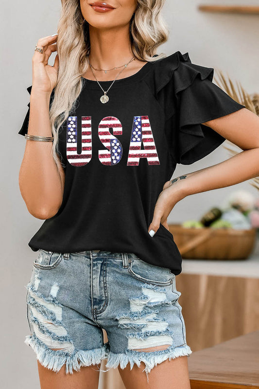 STUNNLY  USA Round Neck Flounce Sleeve Top Black S 