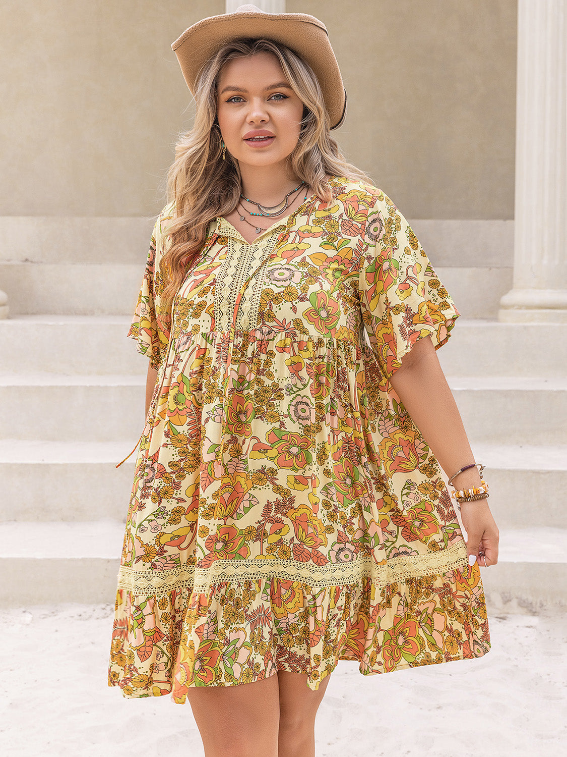 Plus Size Printed Tie Neck Short Sleeve Mini Dress Apricot 0XL 