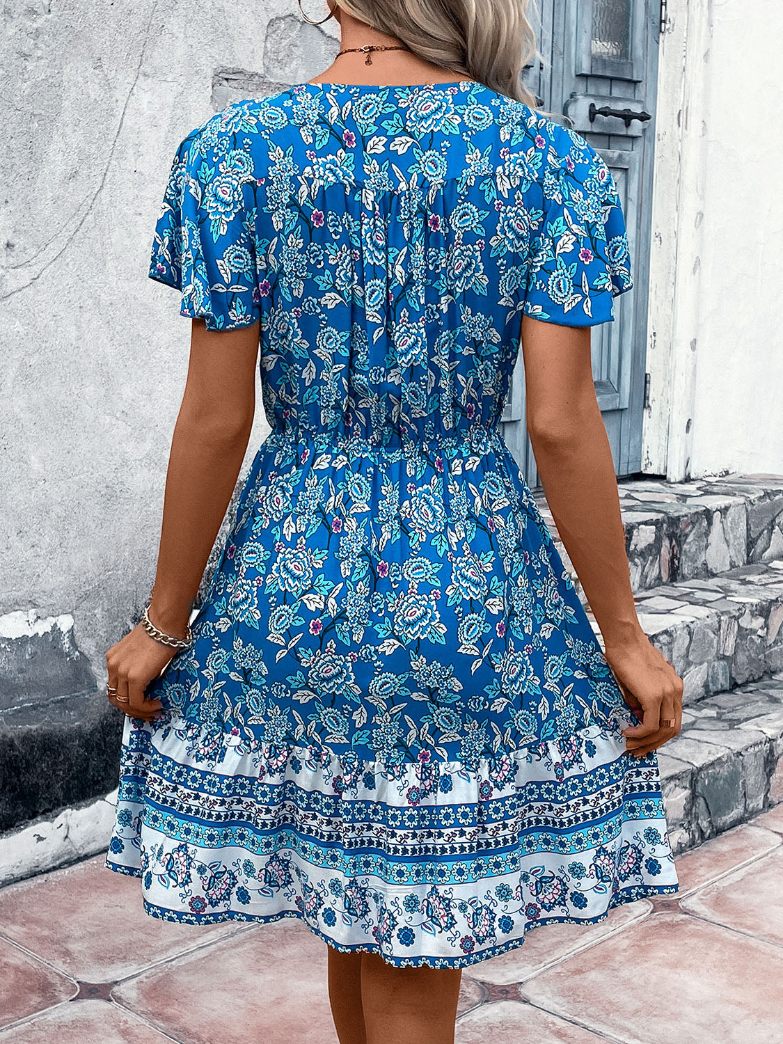 Printed V-Neck Flutter Sleeve Mini Dress   