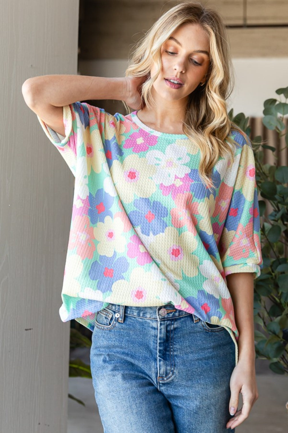 HOPELY Floral Waffle Oversized T-Shirt   