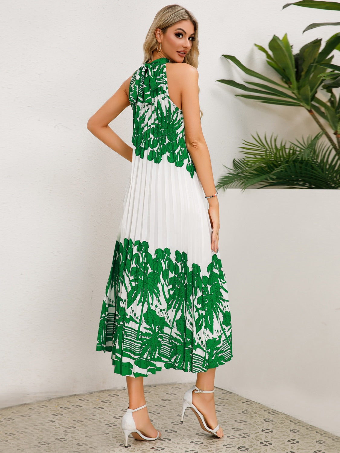 Tied Printed Sleeveless Midi Dress Green S 