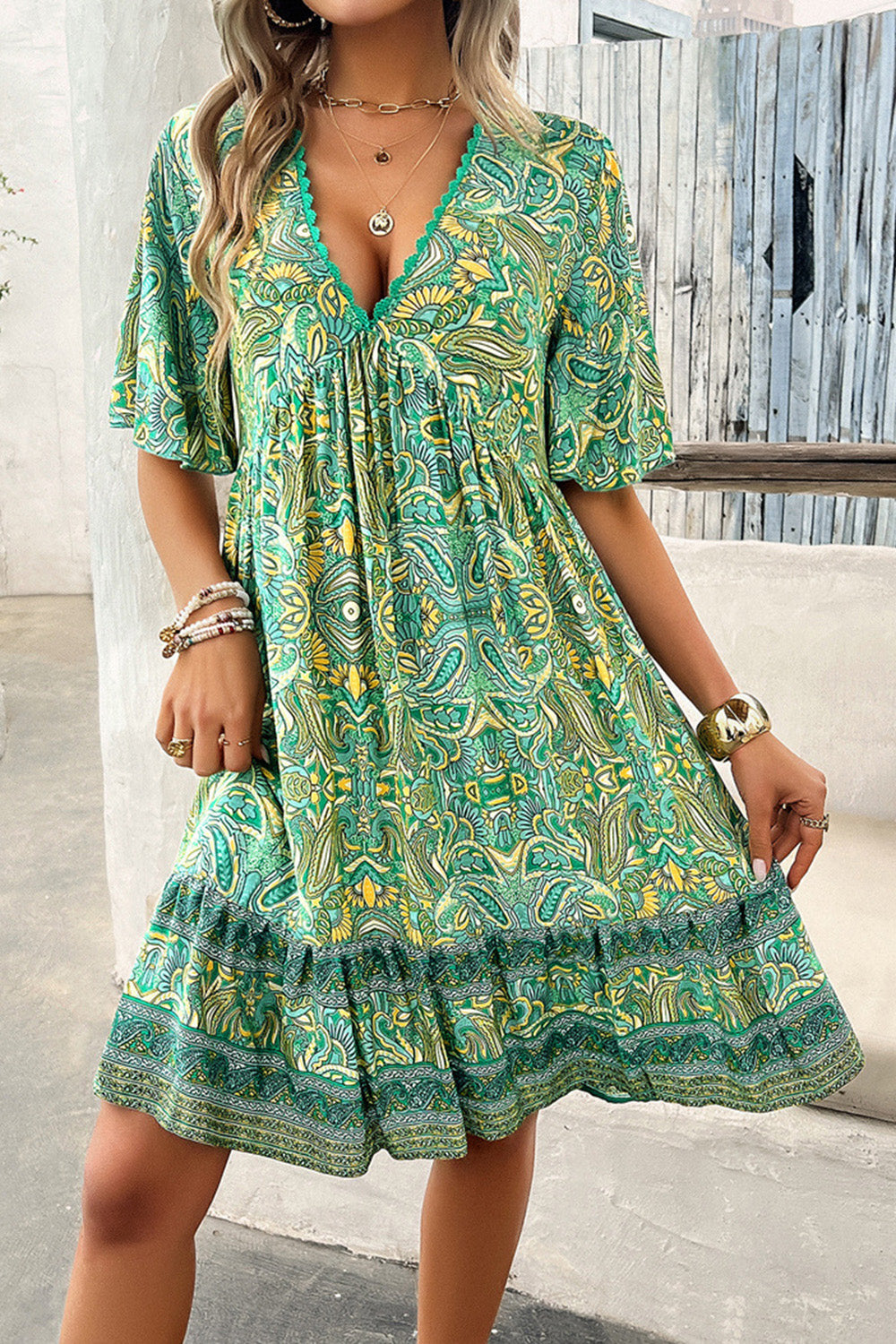 STUNNLY  Printed V-Neck Half Sleeve Mini Dress   