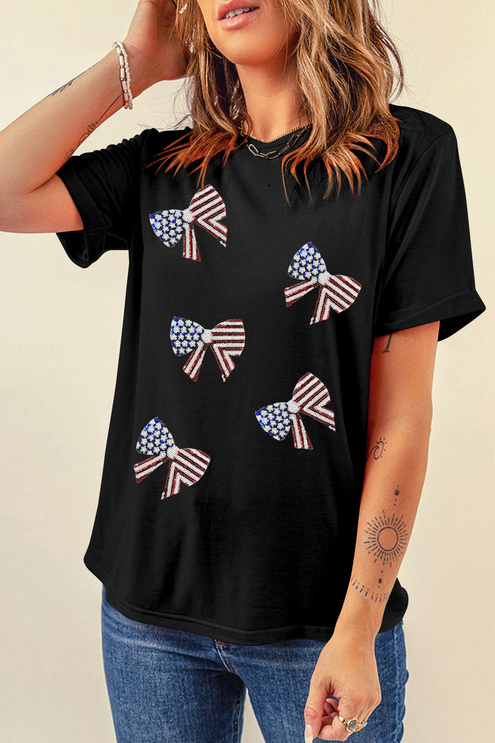 STUNNLY  US Flag Round Neck Short Sleeve T-Shirt   