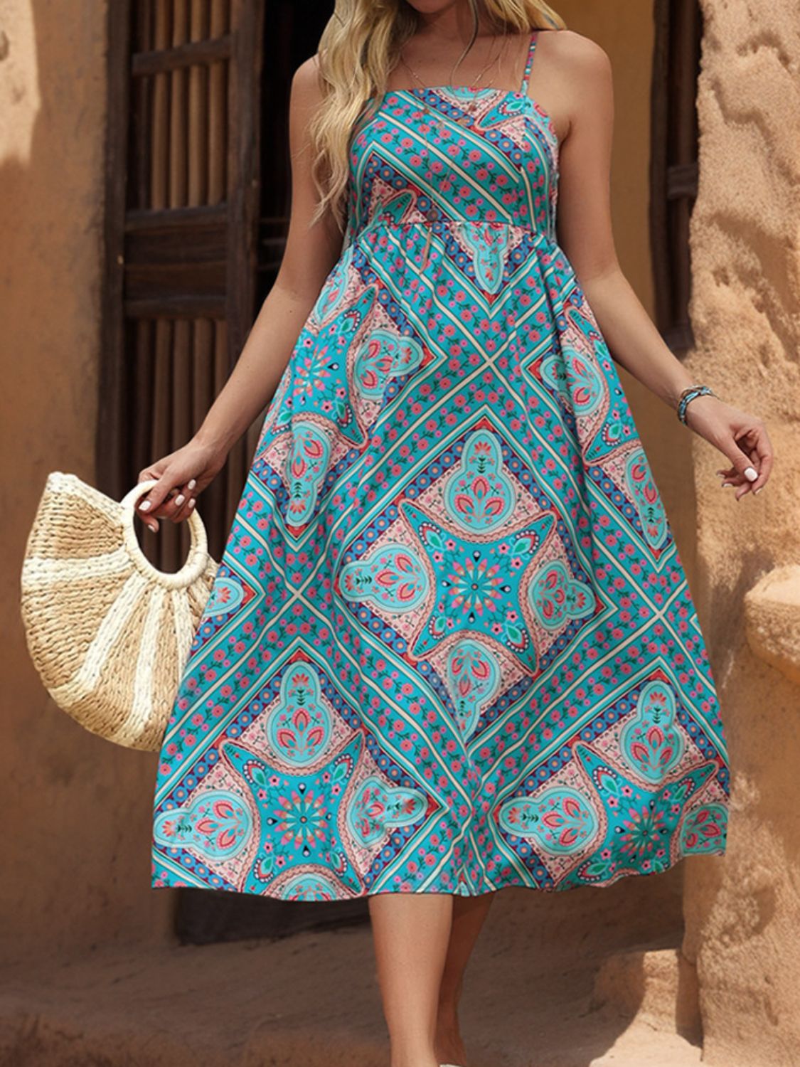 Printed Spaghetti Strap Midi Dress   