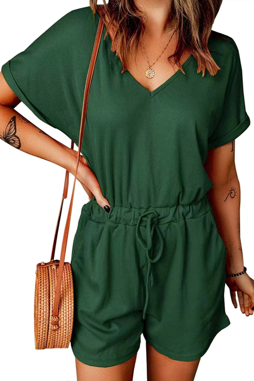 Full Size Drawstring V-Neck Short Sleeve Romper   